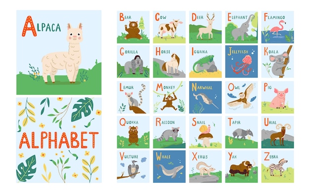A에서 Z까지 어린이 교육을 위한 귀여운 동물 알파벳 어린이 ABC 책을 위한 유치한 벡터 글꼴