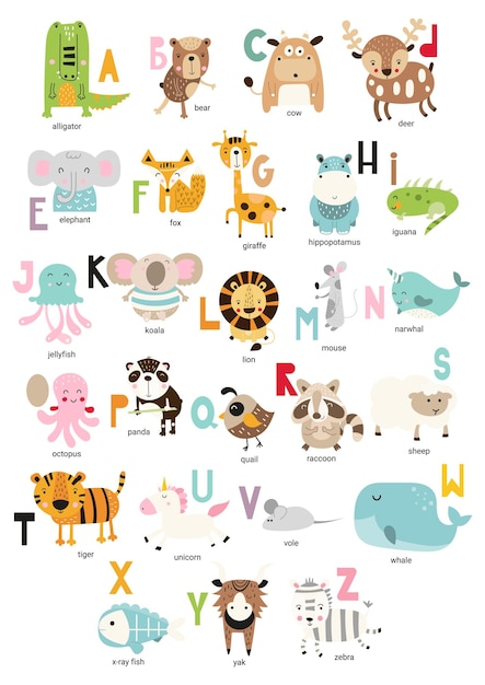 Cute Animals alphabet for kids education. A to Z poster for children. Vector illustration.
