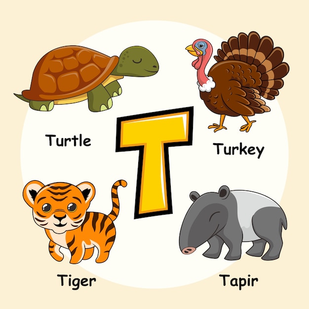 Cute Animals Alphabet Letter T