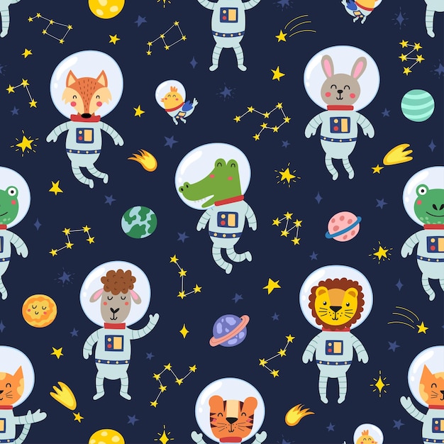 Cute animals astronauts in space seamless pattern Tiger lion fox alligator and other characters