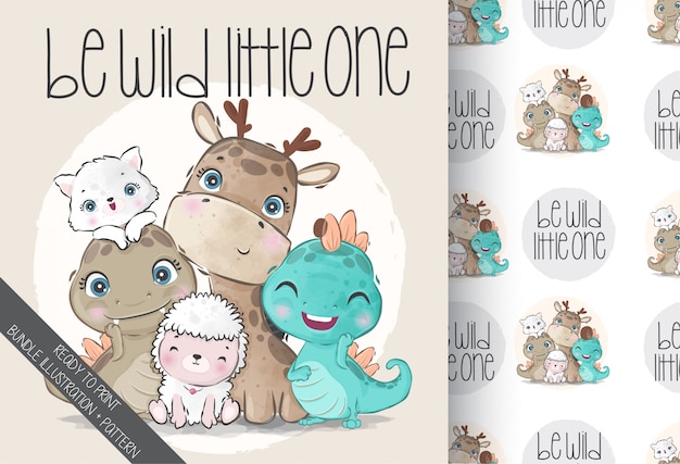 Cute animals baby wild family with seamless pattern