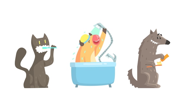 Vector cute animals bathing vector set hygiene and care concept