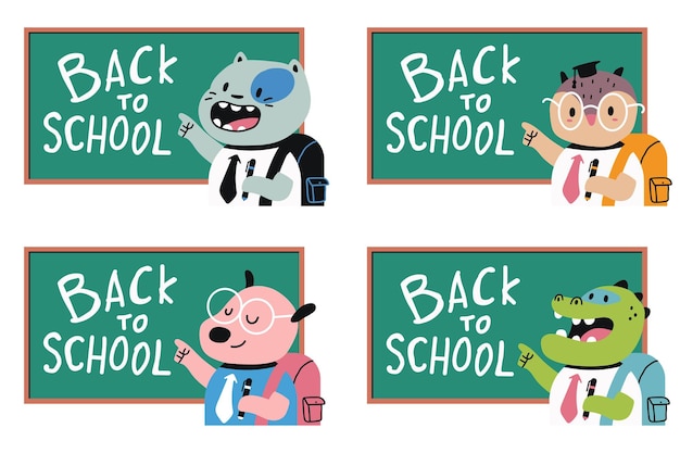 Cute animals at the blackboard Back to school vector cartoon set isolated on white background