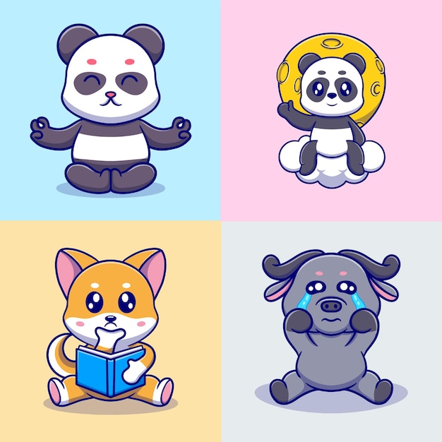 cute animals bundle cartoon icon illustration gift