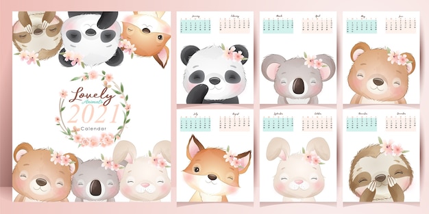 Вектор Календарь милых животных для коллекции на год
