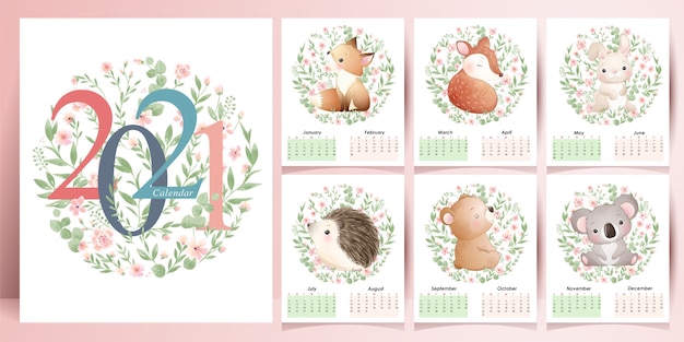 Cute animals calendar for year  collection