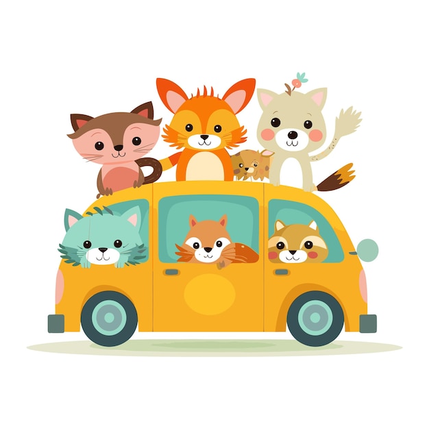 Cute Animals in Car Vector Illustration