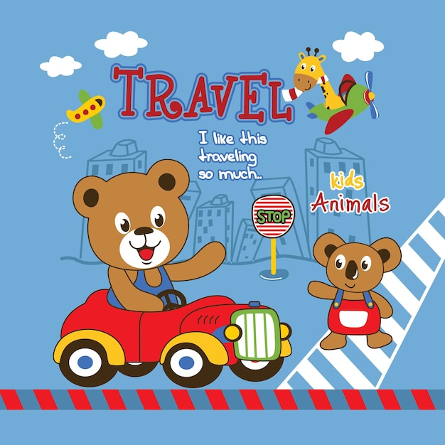 cute animals cartoon traveling by car