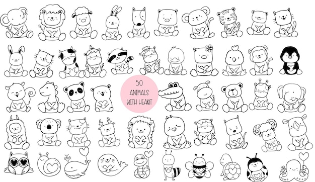 Vector cute animals cartoon with heart hand drawn style