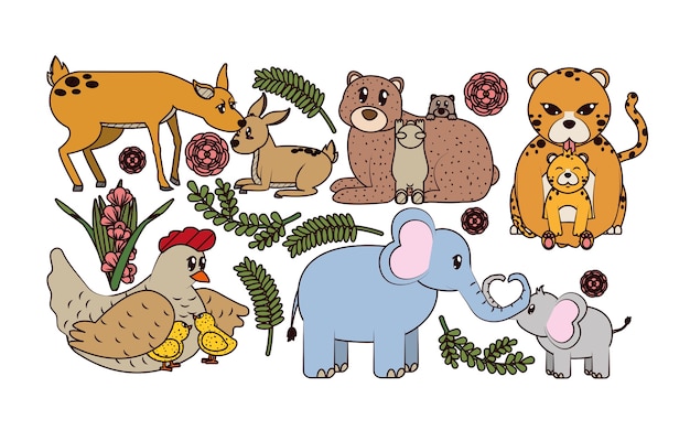 Симпатичные животные мультфильмы красочные векторные иллюстрации графика