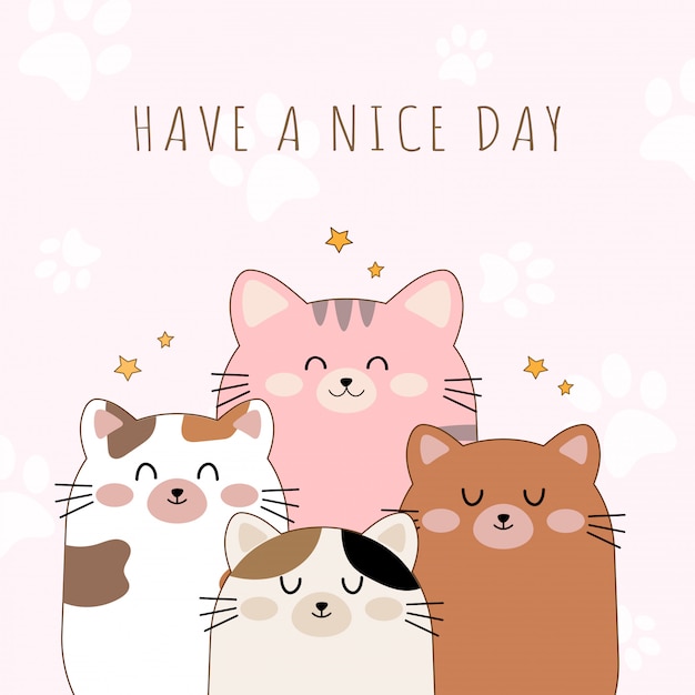 Cute animals cat cartoon style with paw background