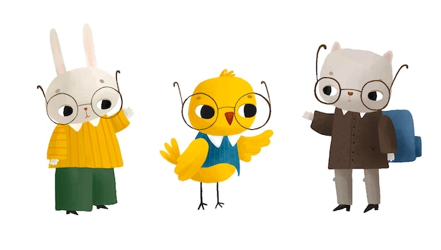Cute animals characters in school Back to school set in cartoon hand painted styleSchoolchildren