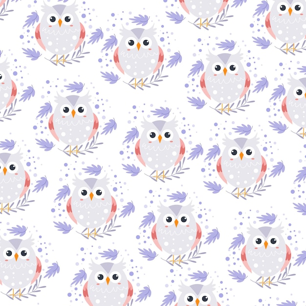 cute animals childish seamless pattern with owl vector flat style design background illustration