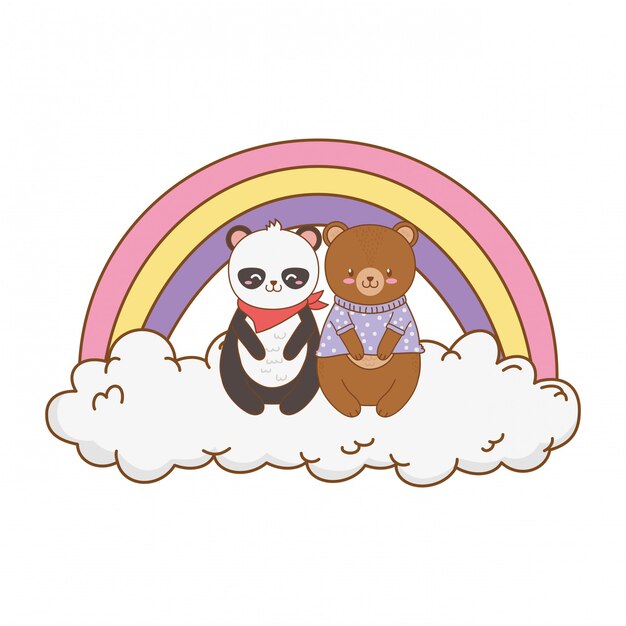 Cute animals in the clouds with rainbow woodland characters