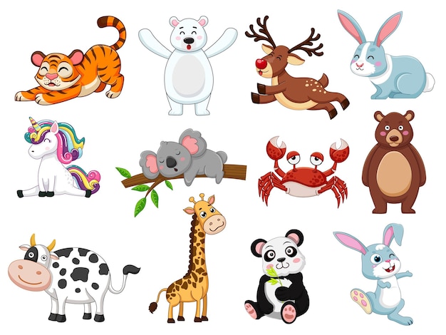 かわいい動物のコレクション。動物は漫画のフラットスタイルで分離します。白色の背景。ベクトルイラストデザインテンプレート。農場の動物、野生動物、水生動物