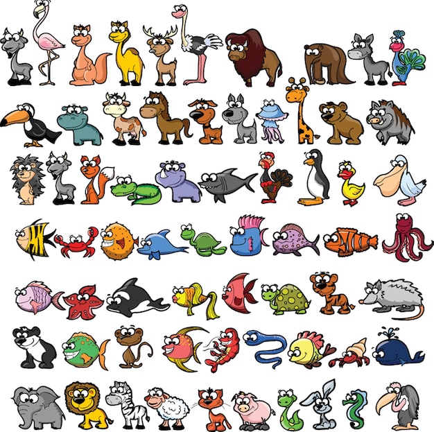 Premium Vector | Cute animals collection farm animals wild animals sea ...