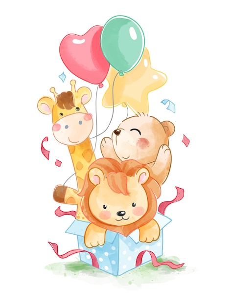 Simpatici animali e palloncini colorati in confezione regalo illustrazione