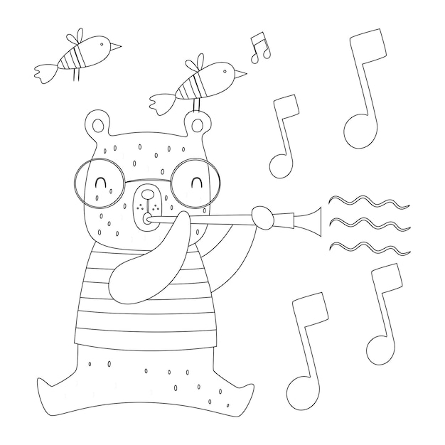 Cute Animals Coloring pages for kids with musical instrument printable premium vector