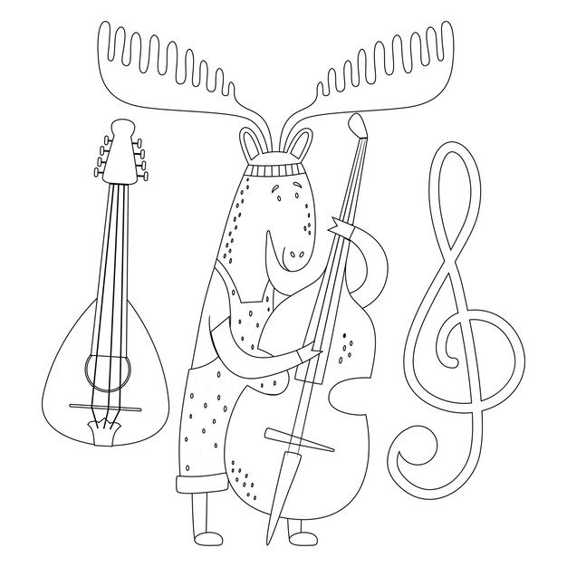 Cute Animals Coloring pages for kids with musical instrument printable premium vector