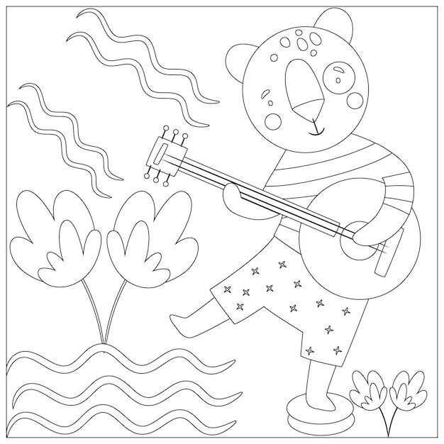 Cute Animals Coloring pages for kids with musical instrument printable premium vector