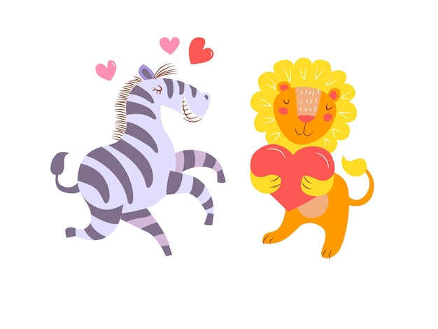 Cute animals couple in love zebra and lion which holds a heart in its paws Vector illustration
