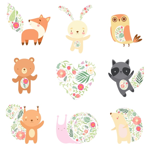 Vector cute animals decorated with floral seamless pattern set lovely forest animals cartoon characters vector illustration on white background