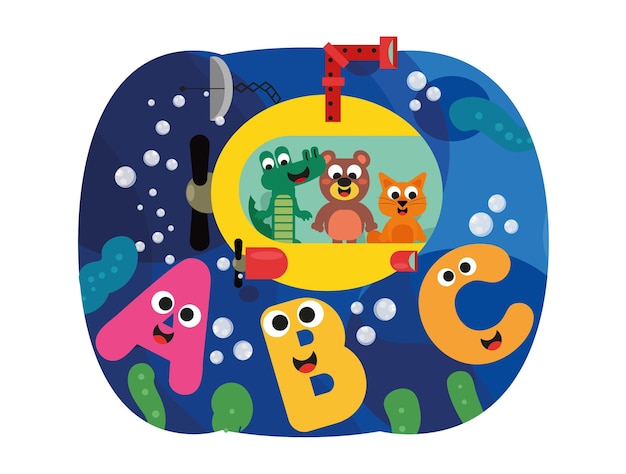 Cute animals in the depths of the sea and letters