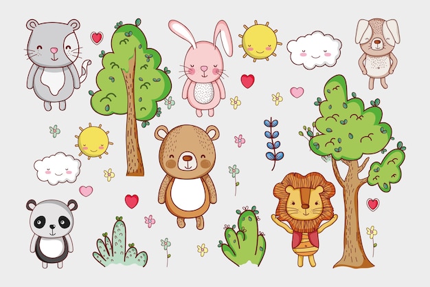 Vector cute animals doodle cartoons