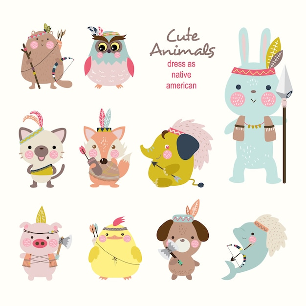 Cute Animals Dress as Native American