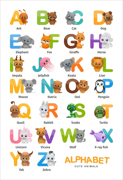 Cute animals english alphabet