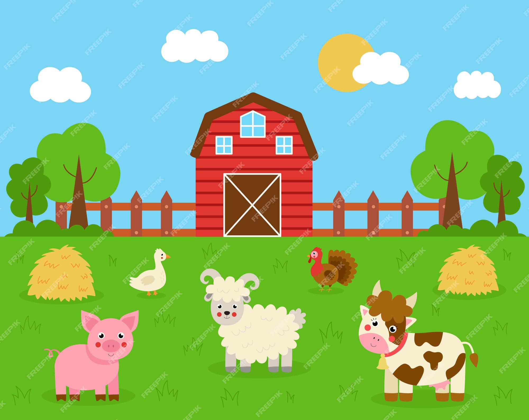 Premium Vector | Cute animals in the farm background. farmhouse and  haystacks. cartoon cow, turkey, pig, sheep and goose.