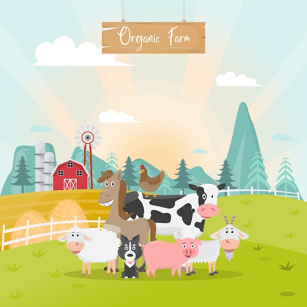 Cartone animato fattoria simpatici animali nella fattoria biologica rurale.