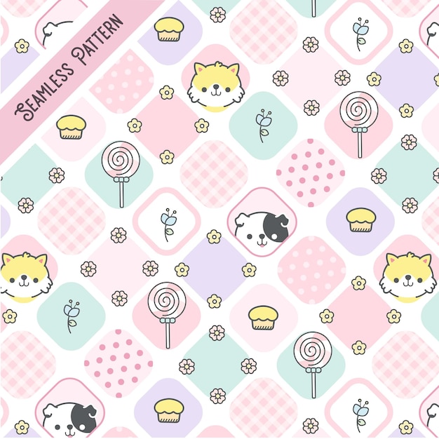 Vector cute animals and flowers seamless pattern