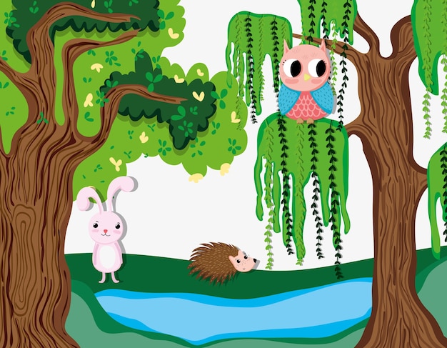 Vector cute animals in the forest cartoons