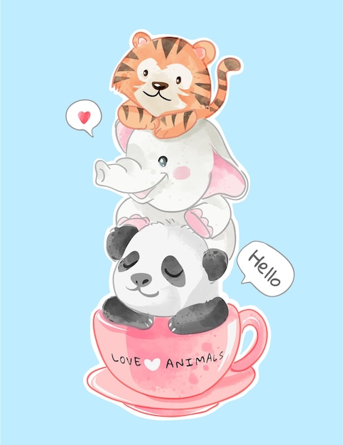 Cute animals friends in coffee cup illustration