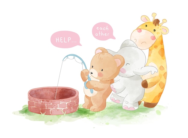 cute animals friends pulling fishing rod together illustration