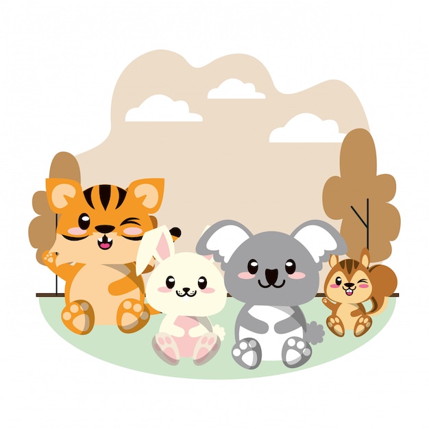 Cute animals group in landscape scene