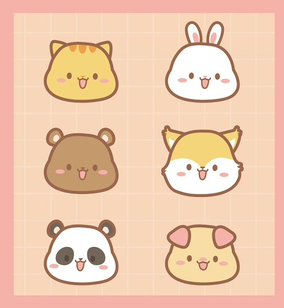 Cute animals head cartoon chibi style vector pastel colour