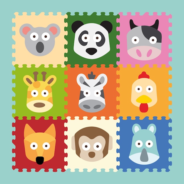 Cute animals head illustration with 9 pieces puzzle mat design