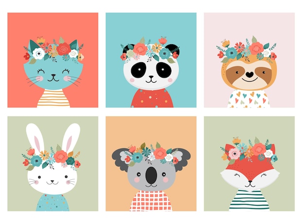 Cute animals heads with floral crown