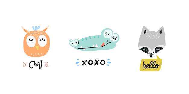 Cute animals heads with speech bubbles vector illustrations. Hand drawn cartoon owl, crocodile and raccoon