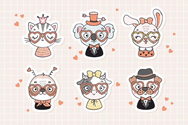 Vector cute animals in heart shaped glasses stickers love theme