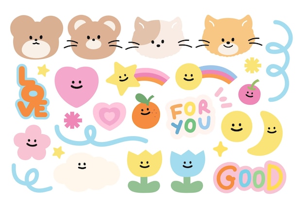 Vector cute animals heart star flowers smiley fruits rainbow cloud and abstract shape pastel colour