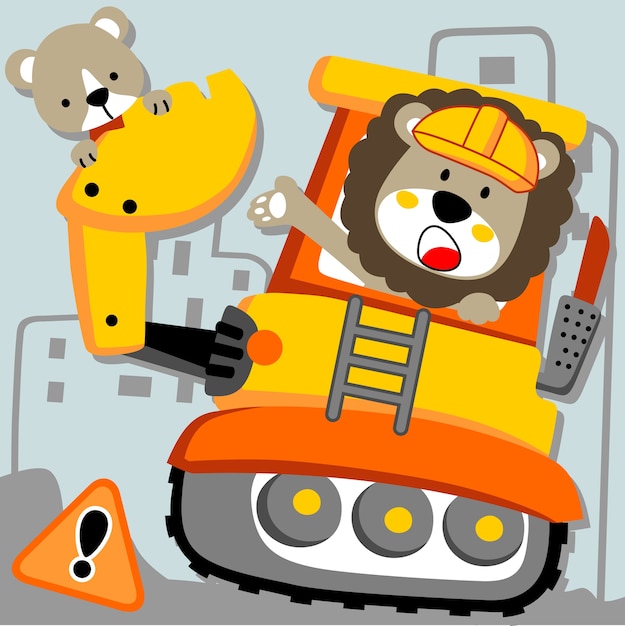 Cute animals on heavy tool, vector cartoon 