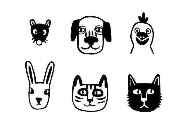 Cute animals. Hipster style portraits set. Doodle sketches of funny characters.