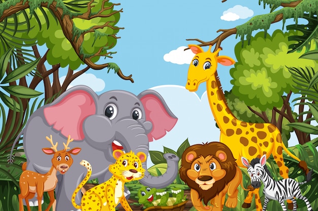 Cute animals in jungle scene