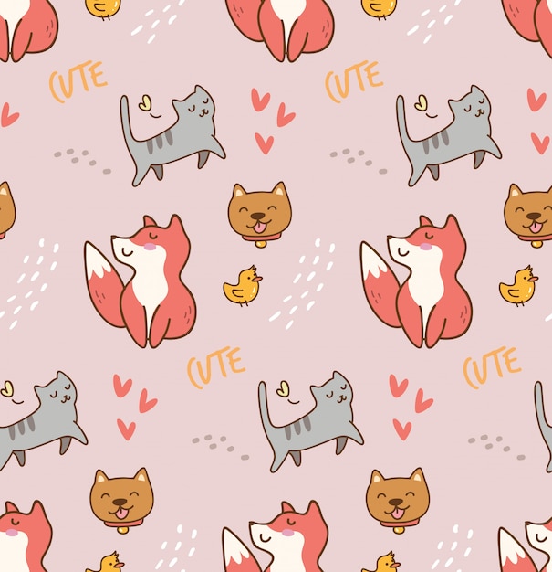 Vector cute animals kawaii pattern