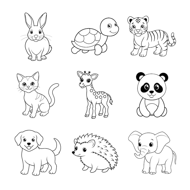Vector 아이 들 을 위한 귀여운 동물 새끼 고양이, 강아지, 아기 코끼리, 그리고 더 귀여운 생물 들 을 칠 수 있는 페이지