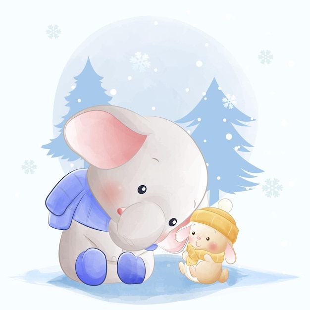 Cute animals little bunny and elephant playing in snow