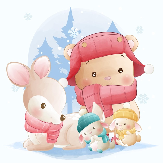 Милые животные, маленькие кролики, медведь и олень, играющие вместе в снегу